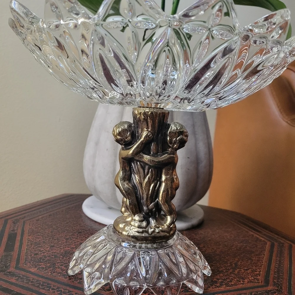 FRENCH ROCOCO PEDESTAL COMPOTE Hollywood Regency Glass Centerpiece with Cherubs